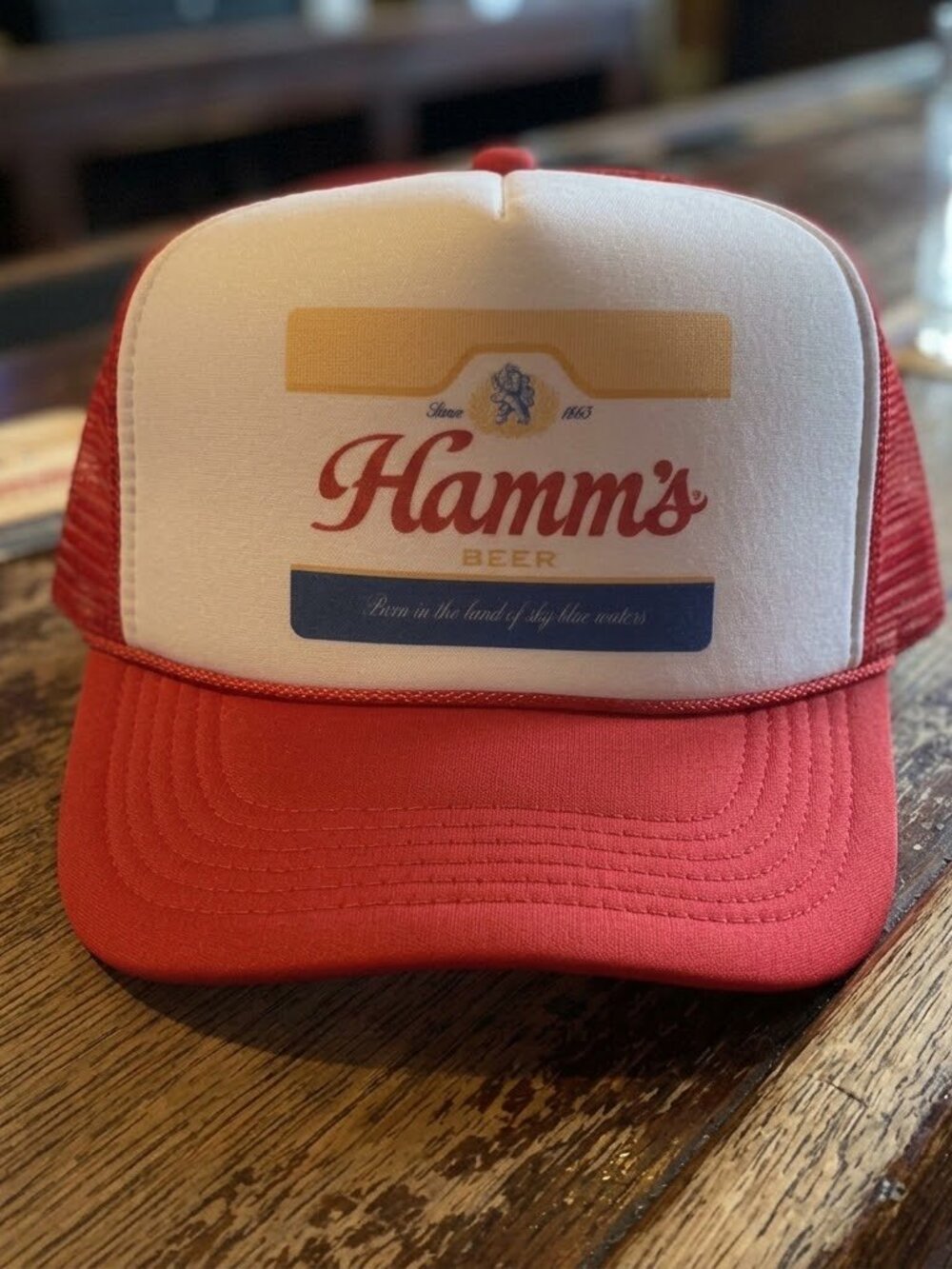 Retro Hamms Beer Hat Sky Blue Waters Red White Foam Rope Snapback Trucker Cap Ne